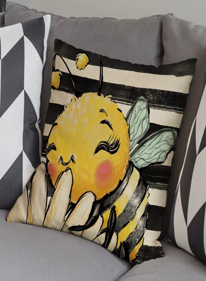 Fjfz Spring Summer Bumble Bee Sunflower Decorative Throw Pillow Covers 18x18 Set of 4, Fall Farmhouse Black White Stripe Home Decor, Yellow Buffalo Plaid Check Quote Outdoor Couch Cushion Case - Image 5