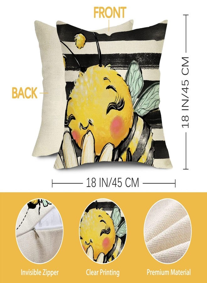 Fjfz Spring Summer Bumble Bee Sunflower Decorative Throw Pillow Covers 18x18 Set of 4, Fall Farmhouse Black White Stripe Home Decor, Yellow Buffalo Plaid Check Quote Outdoor Couch Cushion Case - Image 2