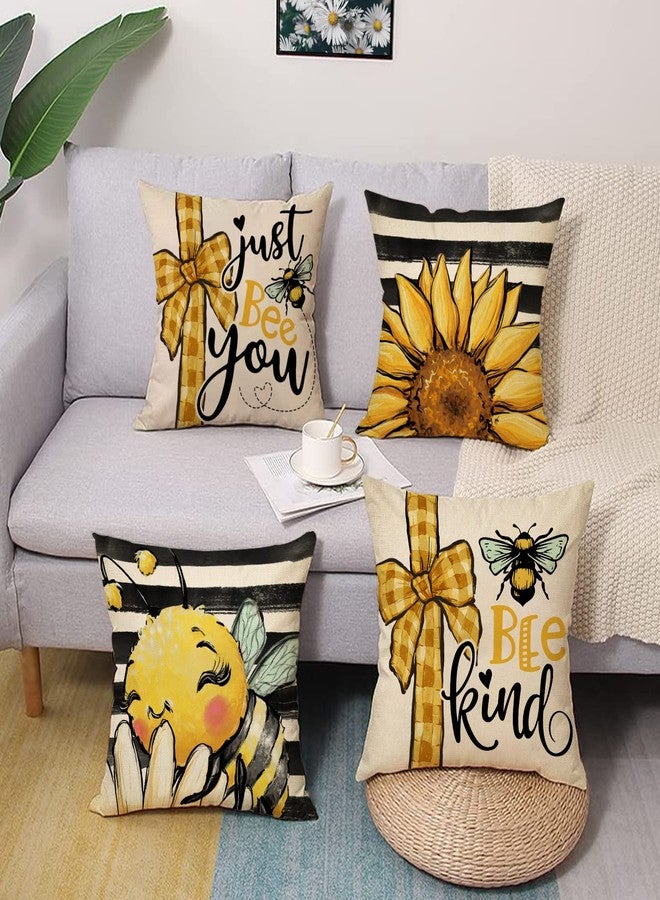 Fjfz Spring Summer Bumble Bee Sunflower Decorative Throw Pillow Covers 18x18 Set of 4, Fall Farmhouse Black White Stripe Home Decor, Yellow Buffalo Plaid Check Quote Outdoor Couch Cushion Case - Image 4