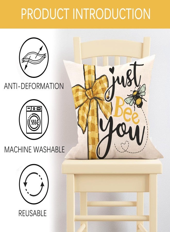 Fjfz Spring Summer Bumble Bee Sunflower Decorative Throw Pillow Covers 18x18 Set of 4, Fall Farmhouse Black White Stripe Home Decor, Yellow Buffalo Plaid Check Quote Outdoor Couch Cushion Case - Image 3