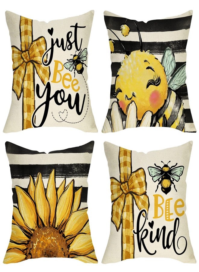 Fjfz Spring Summer Bumble Bee Sunflower Decorative Throw Pillow Covers 18x18 Set of 4, Fall Farmhouse Black White Stripe Home Decor, Yellow Buffalo Plaid Check Quote Outdoor Couch Cushion Case - Image 1