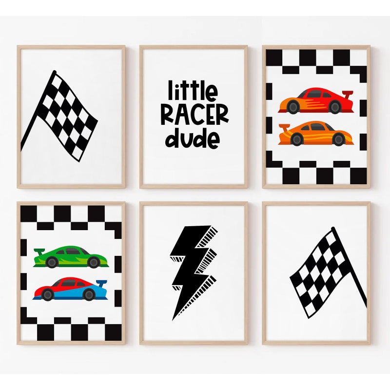 Tanmart Race Car Wall Art Pictures Boys Room Wall Decor Nursery Toddler Canvas Wall Art Kids Playroom Art Prints Boys Race Car Poster Nursery Artwork Set of 6 for Bedroom 8x10 Inch Unframed - Image 1