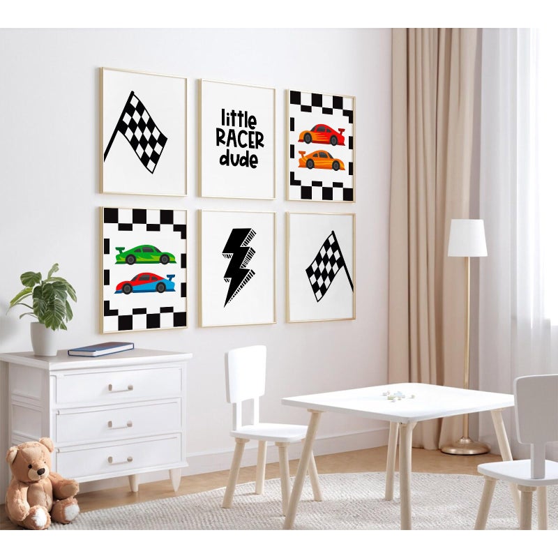 Tanmart Race Car Wall Art Pictures Boys Room Wall Decor Nursery Toddler Canvas Wall Art Kids Playroom Art Prints Boys Race Car Poster Nursery Artwork Set of 6 for Bedroom 8x10 Inch Unframed - Image 4