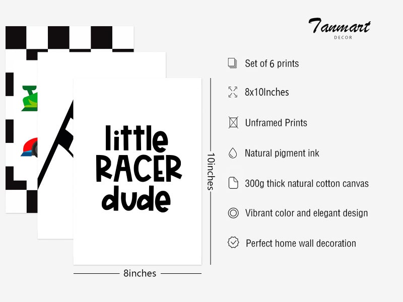 Tanmart Race Car Wall Art Pictures Boys Room Wall Decor Nursery Toddler Canvas Wall Art Kids Playroom Art Prints Boys Race Car Poster Nursery Artwork Set of 6 for Bedroom 8x10 Inch Unframed - Image 2