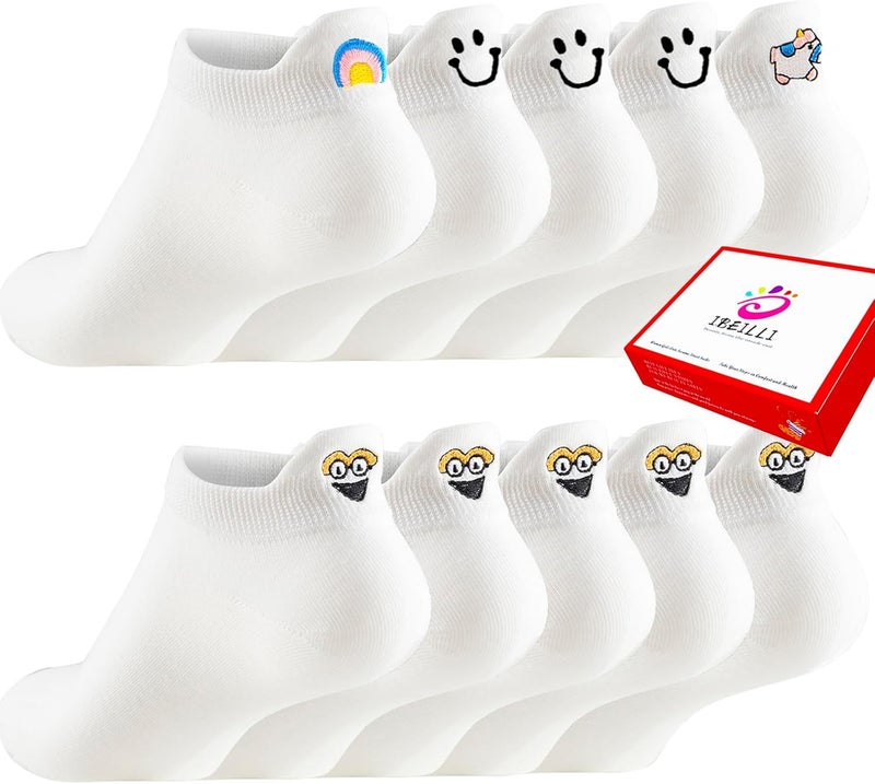 IBEILLI Women Cute Socks 10 Pairs Cotton Kawaii Embroidered Funny Low Cut Ankle Socks for Women Girls - Image 1