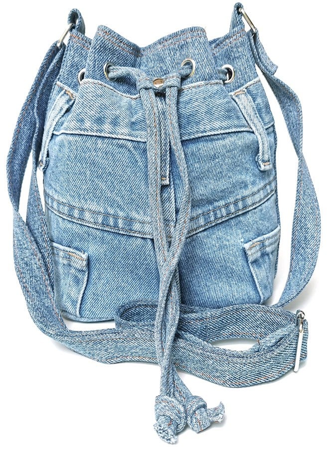 Bijoux de Ja Upcycling Blue Denim Jeans Small Drawstring Crossbody Bag Bucket Pouch Sac Shoulder Handbag Purse - Image 1
