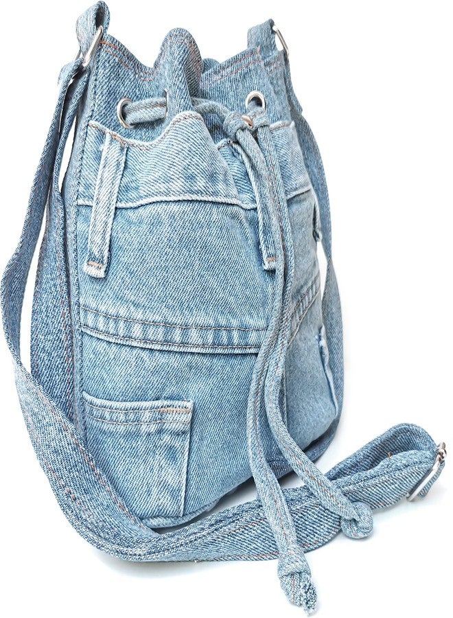 Bijoux de Ja Upcycling Blue Denim Jeans Small Drawstring Crossbody Bag Bucket Pouch Sac Shoulder Handbag Purse - Image 2