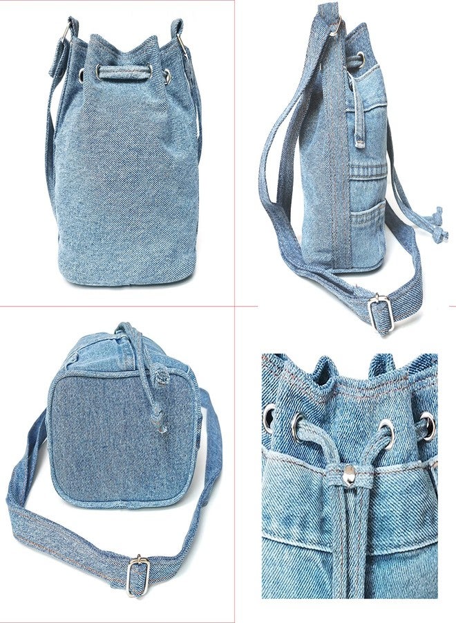 Bijoux de Ja Upcycling Blue Denim Jeans Small Drawstring Crossbody Bag Bucket Pouch Sac Shoulder Handbag Purse - Image 4