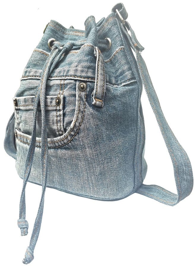 Bijoux de Ja Upcycling Blue Denim Jeans Small Drawstring Crossbody Bag Bucket Pouch Sac Shoulder Handbag Purse - Image 3