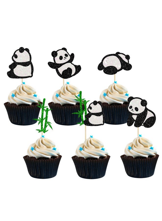 Ephlyn 24Pcs Panda Cupcake Toppers Glitter Green Bamboo Cupcake Picks Cute Animal Bear Cake Decorations Baby Shower Kids Birthday Panda Theme Party Supplies - Image 1