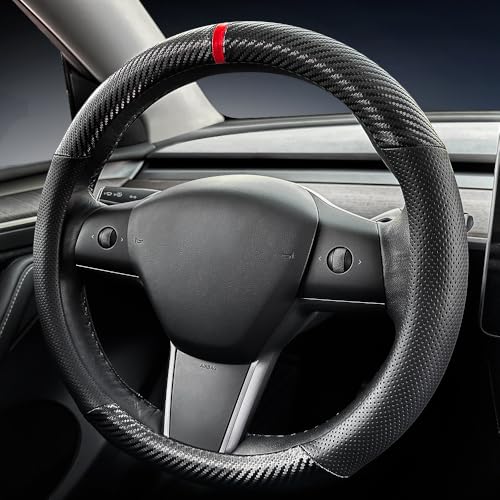 Carodi Carbon Fiber Leather Car Steering Wheel Cover ，for Tesla Model 3 / Model Y Steering Wheel Cover - Image 2