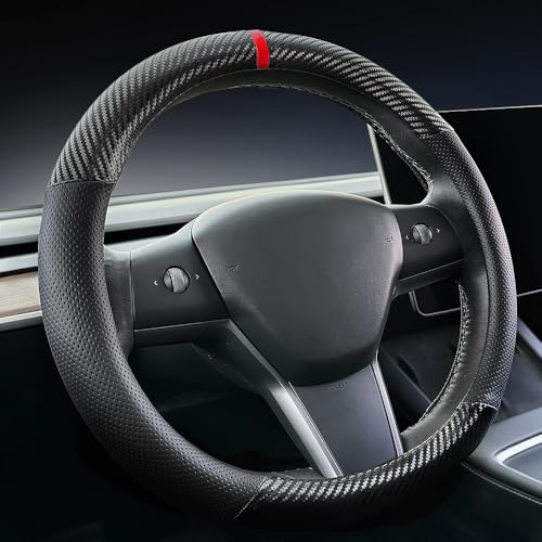Carodi Carbon Fiber Leather Car Steering Wheel Cover ，for Tesla Model 3 / Model Y Steering Wheel Cover - Image 1