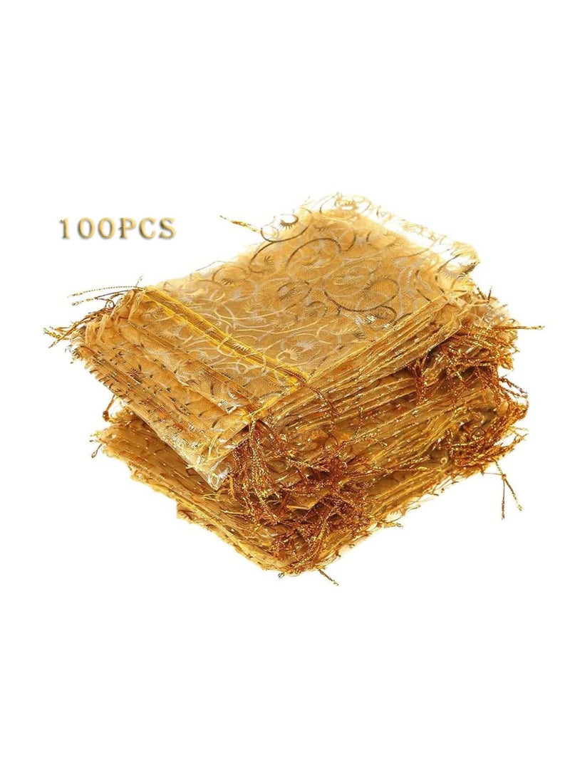 NIBEMINENT 100PCS Mini Sheer Organza Bags Gold Champagne Eyelash Bags, Drawstring Chic Gift Beauty Wedding Favor Candy Jewelry (Gold, 4 x 4.72 Inches) - Image 3