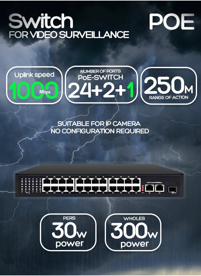 EXPGlobal - Surveillance switch 24 + 2 PoE Switch, 24 POE ports 100 Mbps, 2 up Link ports 1000 Mbps, 1 SFP port 1000Mbps, 300W, AI function Extend up to 250m, 4kv lightning protection, power over Ethernet,52V 5.8 A - Image 1