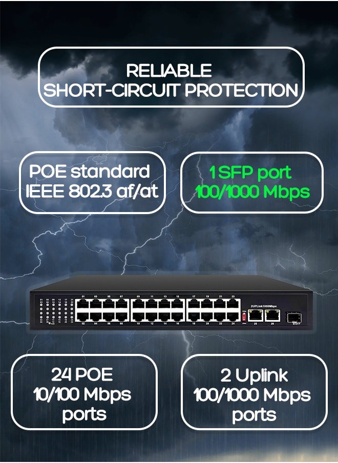 EXPGlobal - Surveillance switch 24 + 2 PoE Switch, 24 POE ports 100 Mbps, 2 up Link ports 1000 Mbps, 1 SFP port 1000Mbps, 300W, AI function Extend up to 250m, 4kv lightning protection, power over Ethernet,52V 5.8 A - Image 1