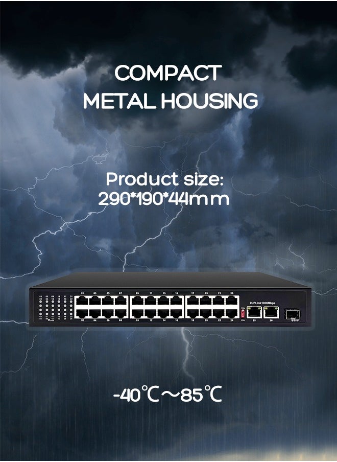 EXPGlobal - Surveillance switch 24 + 2 PoE Switch, 24 POE ports 100 Mbps, 2 up Link ports 1000 Mbps, 1 SFP port 1000Mbps, 300W, AI function Extend up to 250m, 4kv lightning protection, power over Ethernet,52V 5.8 A - Image 1