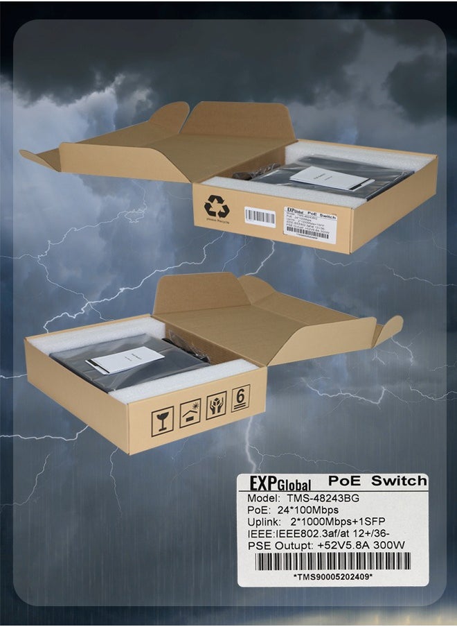 EXPGlobal - Surveillance switch 24 + 2 PoE Switch, 24 POE ports 100 Mbps, 2 up Link ports 1000 Mbps, 1 SFP port 1000Mbps, 300W, AI function Extend up to 250m, 4kv lightning protection, power over Ethernet,52V 5.8 A - Image 1
