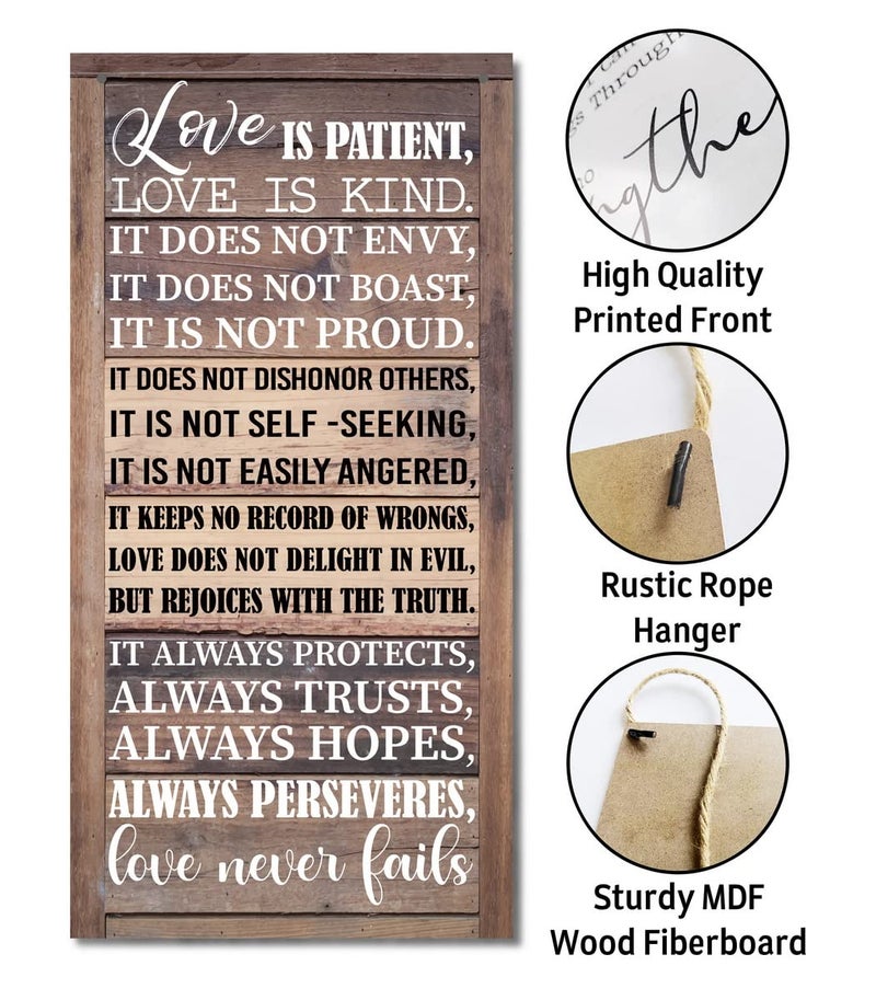 Gkwa 1 Corinthians 13:4-8 Inspirational Hanging Wood Decor Sign, Printed Wood Sign, Love is Patient, Love is Kind Quote, Hanging Bible Verses Woods Wall Signs, Rustic Home Decor Signs, Christian Gift - Image 5