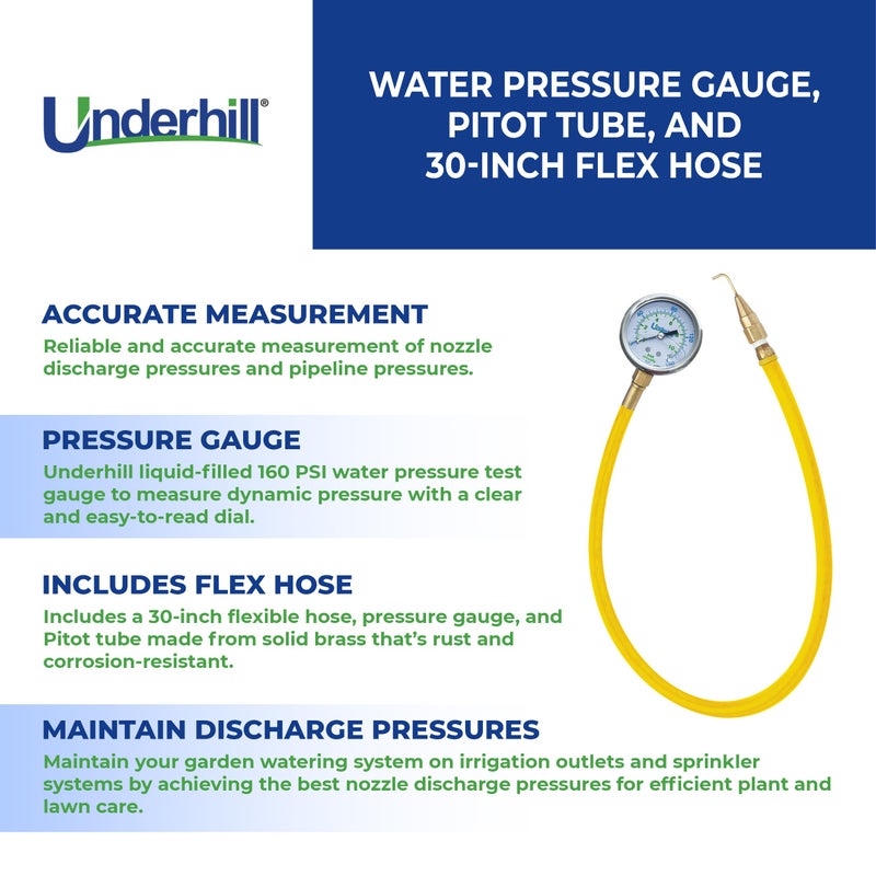 Underhill HeadChecker Water Pressure Gauge, Pitot Tube and 30-Inch Flex Hose 160 PSI, Dial Indicator, for Sprinklers, Irrigation System, A-PHG-160K - Image 3