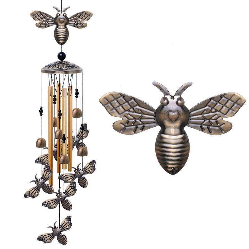 Garden Bee Wind Chimes Outdoor Indoor Decor with 4 Tubes 6 Bells 7 Bees Wind Chime Mobile Romantic Bee Wind Catcher Bees Windchimes for Home Mom Gifts Balcony Tree Festival Garden Decoration