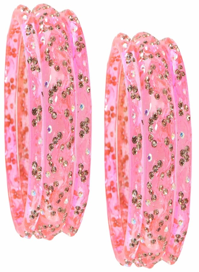 LAVAZZA Stylish Glass Bangles Set For Women & Girls with Zircon Stones and Crystal Clear Beads | Women's Bangles for Women | Zircon Chudi | Pink Chudi Set -(LV_AB15-Happy-Pink-2.4) - Image 1