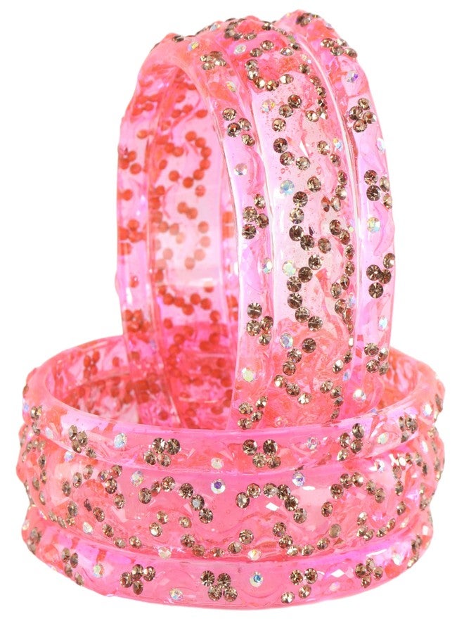 LAVAZZA Stylish Glass Bangles Set For Women & Girls with Zircon Stones and Crystal Clear Beads | Women's Bangles for Women | Zircon Chudi | Pink Chudi Set -(LV_AB15-Happy-Pink-2.4) - Image 5
