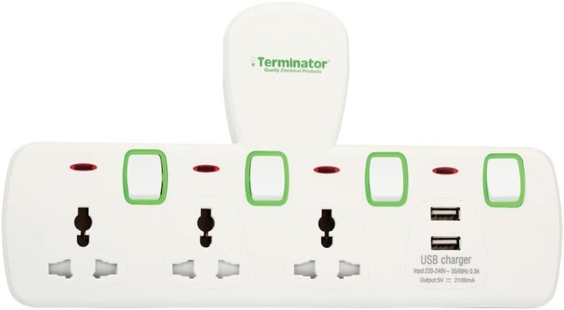 Terminator 4 Way Universal Socket Multi Adaptor with 2 USB 2.1A Individual Switches Indicators-13A Fuse - Image 1