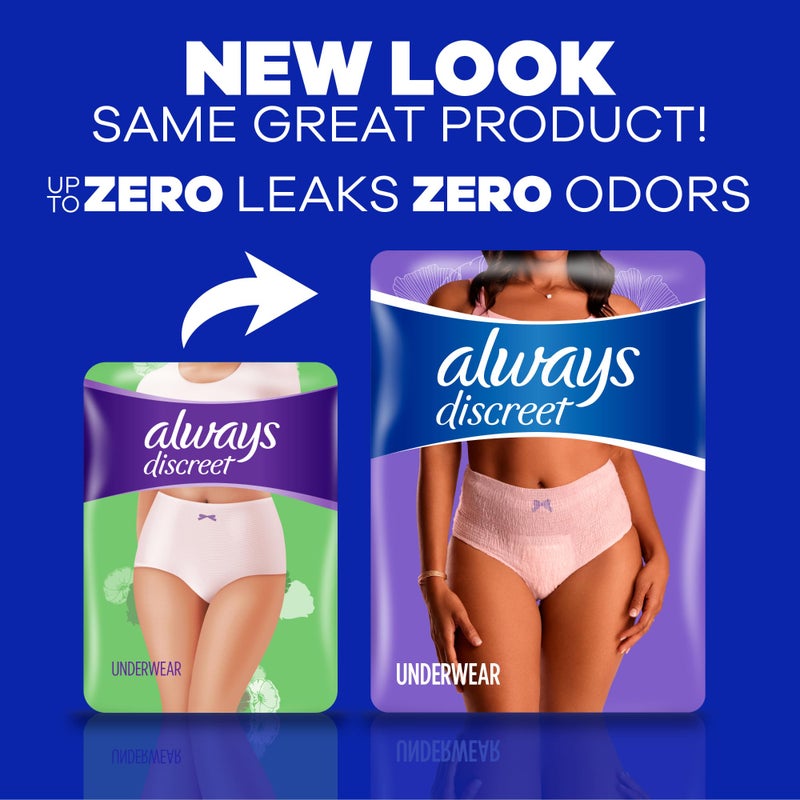Always Discreet سراويل داخلية للكبار من Always Discreet لعدم التحكم في البول للنساء وسراويل ما بعد الولادة، صغير/متوسط، حماية من تسرب البول تصل إلى 100%، 19 قطعة - Image 2