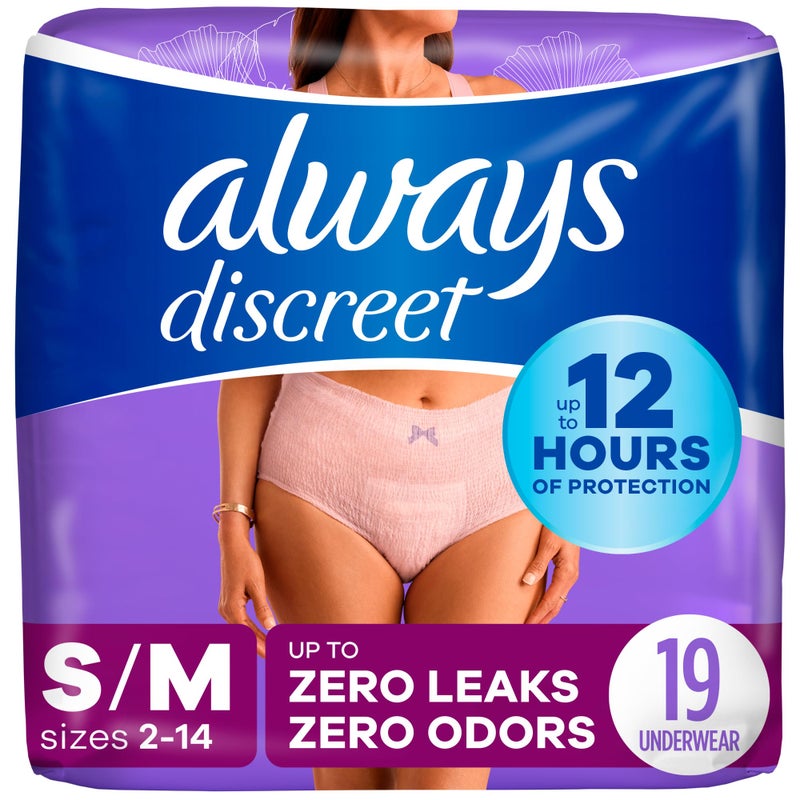 Always Discreet سراويل داخلية للكبار من Always Discreet لعدم التحكم في البول للنساء وسراويل ما بعد الولادة، صغير/متوسط، حماية من تسرب البول تصل إلى 100%، 19 قطعة - Image 1