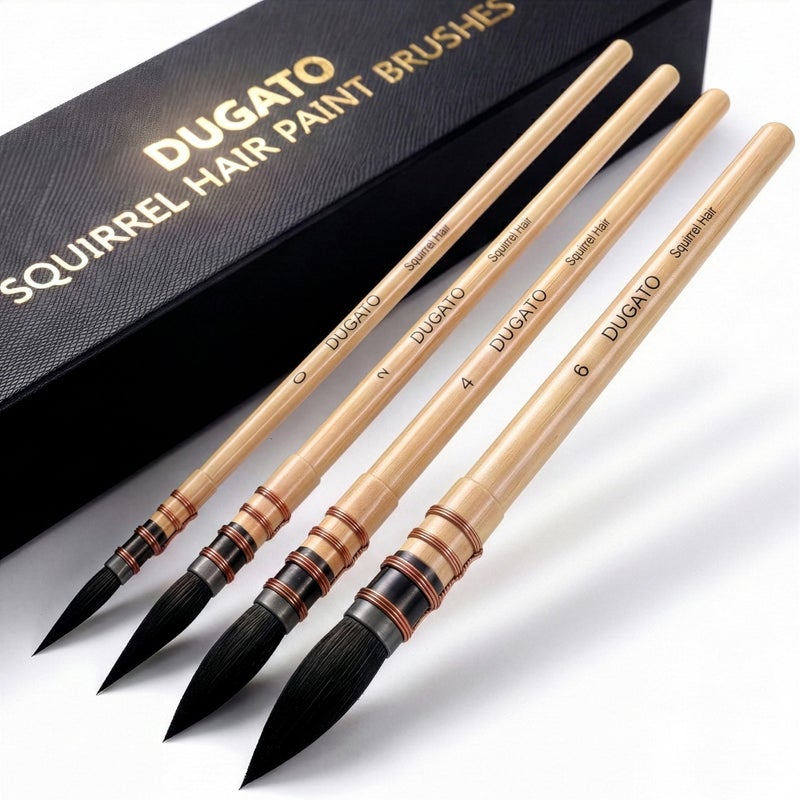 DUGATO 100% Real Squirrel Hair Watercolor Paint Brushes Set â€“ Mop Round Fine Tip Professional Artist Brushes for Gouache, Acrylic, Oil & Wash Techniques (4 Brushes) - Image 1
