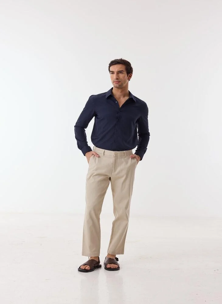 Ashita Fernandes Lior Men’s White Fitted Pants – Poly Cotton Slim Fit Full Length Trousers | Lightweight Solid Smart Casual Waist Button Pants | Day to Evening Wear