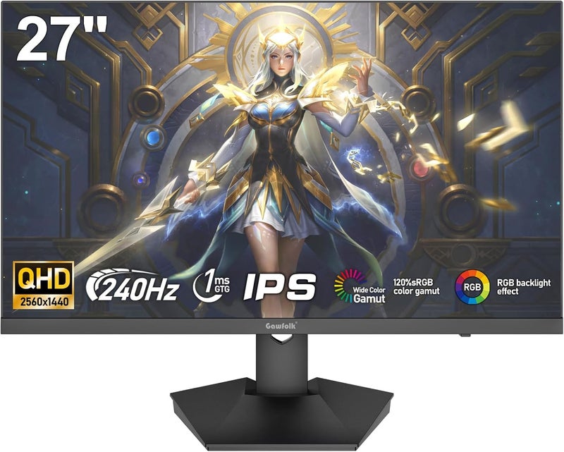 Gawfolk شاشة ألعاب Gawfolk IPS مقاس 27 بوصة 2K 240 هرتز شاشة كمبيوتر QHD (2560 × 1440) زمن استجابة سريع 1 مللي ثانية (GTG) 120% sRGB FreeSync إضاءة خلفية RGB للاعبي الألعاب الإلكترونية مكبرات صوت مدمجة - Image 1