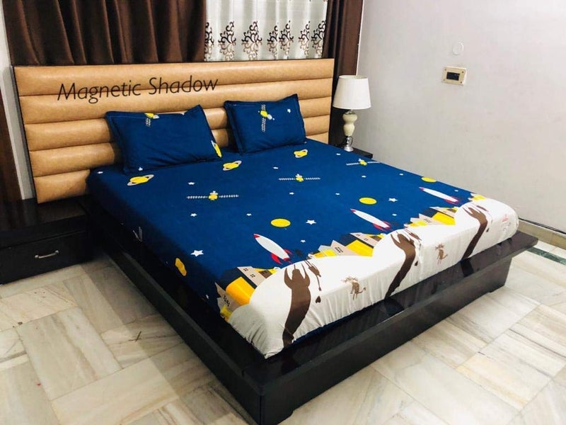 Laying Style لaying Style™160 TC قطن غلاسي مطبوع بحجم كينغ مع 2 غطاء وسادة (72x72x6 بوصة، مجموعة من 3) - اللون - أزرق مطبوع - Image 1