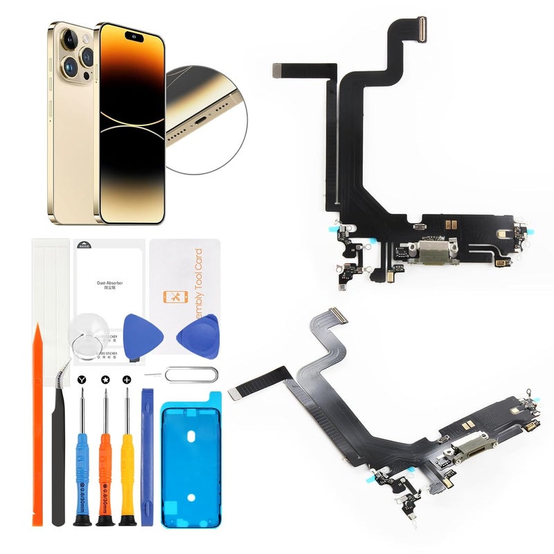 Olivechard for iPhone 14 Pro Max Lightning Charging Port Replacement (Gold) USB Dock Connector Flex Cable Assembly Includes Waterproof Tape & Tool Kit for A2651, A2894, A2895, A2896 - Image 1