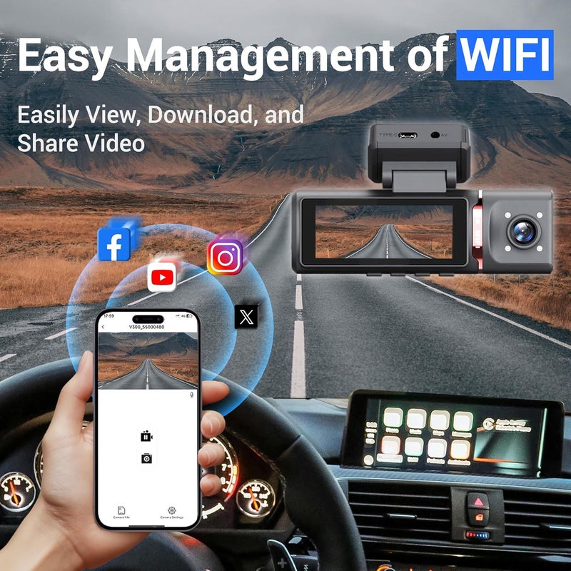 دانسينت مسجل سيارة واي فاي مع GPS وكاميرا أمامية بدقة 4K، وكاميرا داخلية وخلفية بدقة 1080p مع بطاقة TF سعة 32 جيجابايت، ثلاث كاميرات للسيارات، رؤية ليلية، واي فاي مدمج، كاميرا داش كام مع التحكم عبر التطبيق، مراقبة الوقوف، يدعم حتى 256 جيجابايت - Image 3