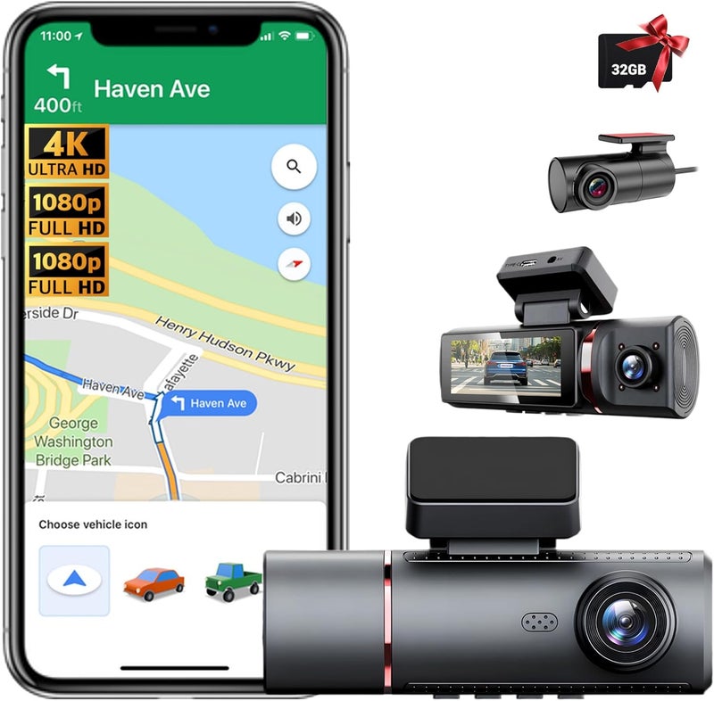 دانسينت مسجل سيارة واي فاي مع GPS وكاميرا أمامية بدقة 4K، وكاميرا داخلية وخلفية بدقة 1080p مع بطاقة TF سعة 32 جيجابايت، ثلاث كاميرات للسيارات، رؤية ليلية، واي فاي مدمج، كاميرا داش كام مع التحكم عبر التطبيق، مراقبة الوقوف، يدعم حتى 256 جيجابايت - Image 1