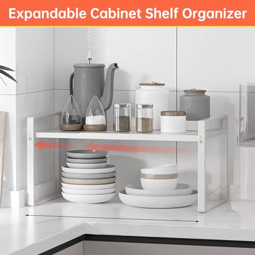 KOMOHOM Expandable Cabinet Shelf Organizer Rack 9 inch, Pantry Organizer Lengthen from 14” to 25” ， Large Kitchen Cabinet Storage Shelf Rack， Storage Organizer white，Spice Rack Expandable Shelves, - Image 5