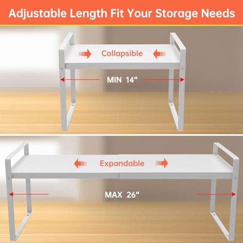 KOMOHOM Expandable Cabinet Shelf Organizer Rack 9 inch, Pantry Organizer Lengthen from 14” to 25” ， Large Kitchen Cabinet Storage Shelf Rack， Storage Organizer white，Spice Rack Expandable Shelves, - Image 2