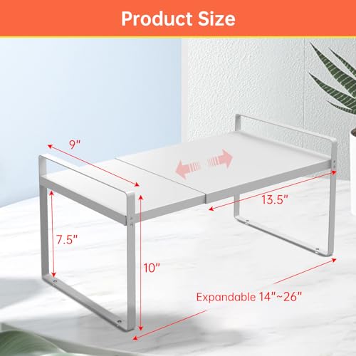 KOMOHOM Expandable Cabinet Shelf Organizer Rack 9 inch, Pantry Organizer Lengthen from 14” to 25” ， Large Kitchen Cabinet Storage Shelf Rack， Storage Organizer white，Spice Rack Expandable Shelves, - Image 4