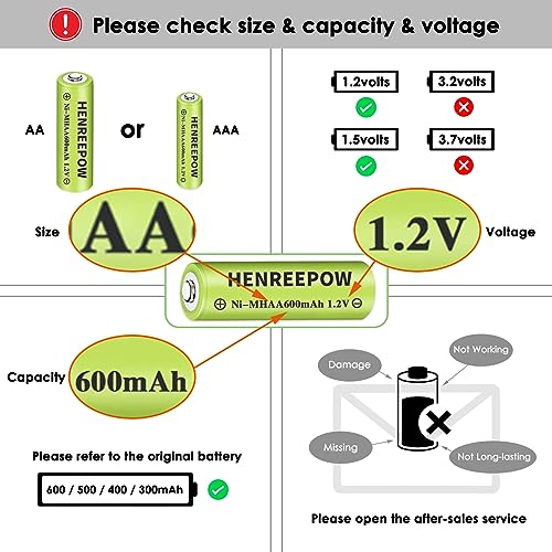 Henreepow بطاريات هينريباو Ni-MH AA القابلة لإعادة الشحن، AA عالية السعة 1.2 فولت مشحونة مسبقًا لأضواء الحدائق الخارجية، أضواء السلسلة، أضواء الممر (AA-600mAh-12pack) - Image 4