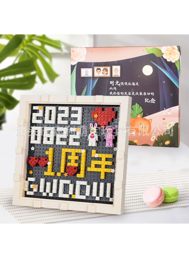 Diy Building Block Photo Frame Assembled Toy 1th Anniversary Wedding Anniversary Birthday Gift Boyfriend Girlfriend Qixi Gift-Color:Anniversary [anniversary] Building Block Photo Frame + Gift Box Gift Bag  - Image 1