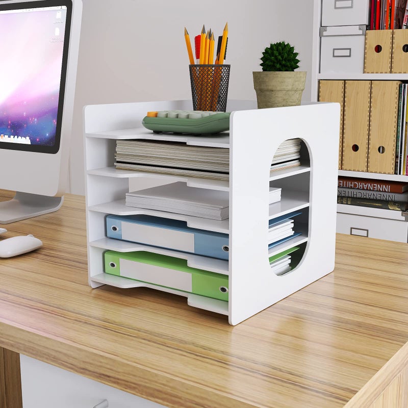 Natwind 5Tier File Paper Organizer for Desk Desktop White File Holder with Mail Letter Tray Paper Sorter for Home Office School Classroom