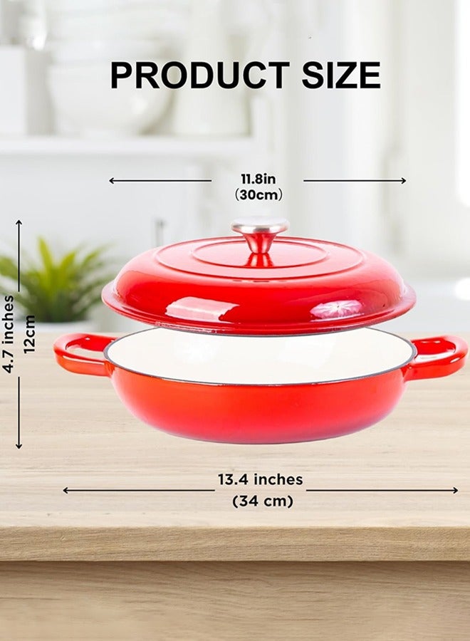 Shallow Cast Iron Casserole with Lid – Non Stick Oven Pot, Oven Safe up to 500° F – Sturdy Ovenproof Stockpot Cookware – Enamelled Cooking Pot – Red, 30cm
