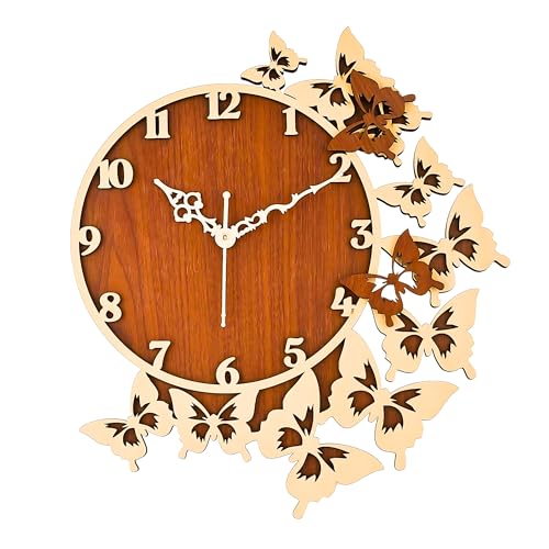 Nozvera Wooden Analog Wall Clock for Home Decor | Big Size Stylish & Fancy for Bedroom, Living Room, Office | Butterfly Design, Modern (40cm * 40cm) - Image 1