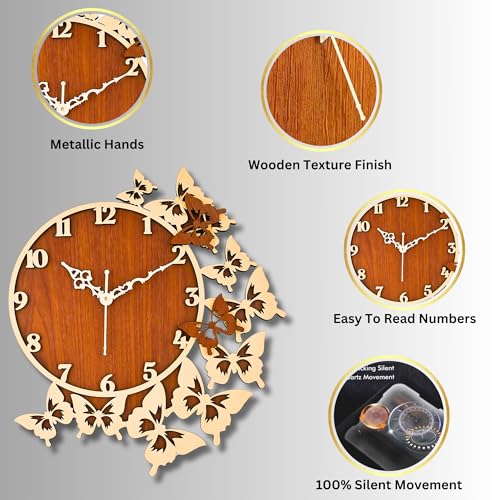Nozvera Wooden Analog Wall Clock for Home Decor | Big Size Stylish & Fancy for Bedroom, Living Room, Office | Butterfly Design, Modern (40cm * 40cm) - Image 4