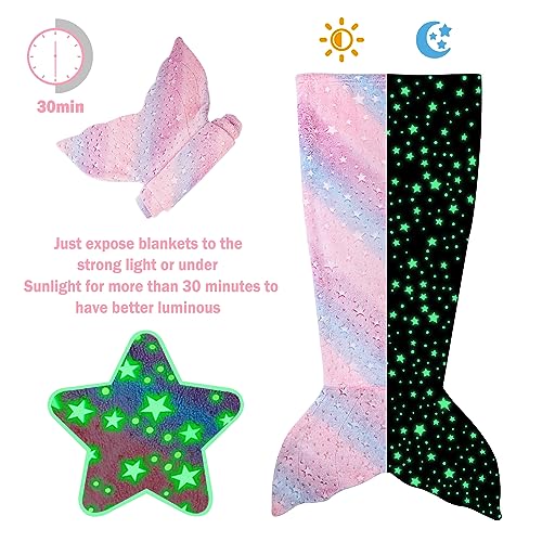 Viviland Kids Mermaid Tail Blanket - Mermaid Tail Blankets Glow in The Dark - Flannel Mermaid Blanket Gifts for Girls - Luminous Star Super Soft Tie Dye Girls Toys - Multicolor Star 17"×39" - Image 3