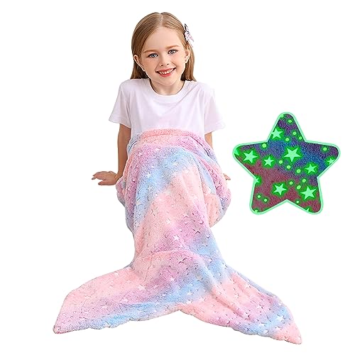 Viviland Kids Mermaid Tail Blanket - Mermaid Tail Blankets Glow in The Dark - Flannel Mermaid Blanket Gifts for Girls - Luminous Star Super Soft Tie Dye Girls Toys - Multicolor Star 17"×39" - Image 1