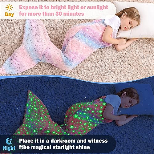 Viviland Kids Mermaid Tail Blanket - Mermaid Tail Blankets Glow in The Dark - Flannel Mermaid Blanket Gifts for Girls - Luminous Star Super Soft Tie Dye Girls Toys - Multicolor Star 17"×39" - Image 2