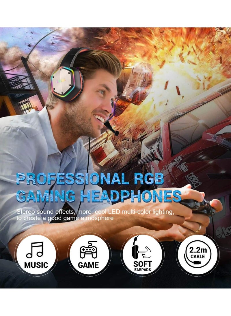 EKSA Gaming Headset PC Headset with 7.1 Surround Sound, Noise Canceling Over Ear USB Wired Headphones with Mic & RGB LED Light, Gaming Headphones Compatible with PS5, PS4, Mac, Laptop - Image 2