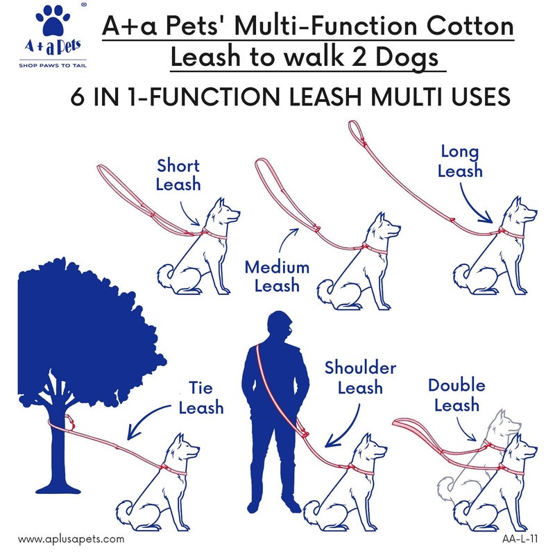 A+a Pets ’ Multi-Function Cotton Leash to Walk 2 Dogs | Long, Short, Hands Free, Traffic, Running, Walking | Adjustable, Soft Comfortable (Purple & White) - Image 4